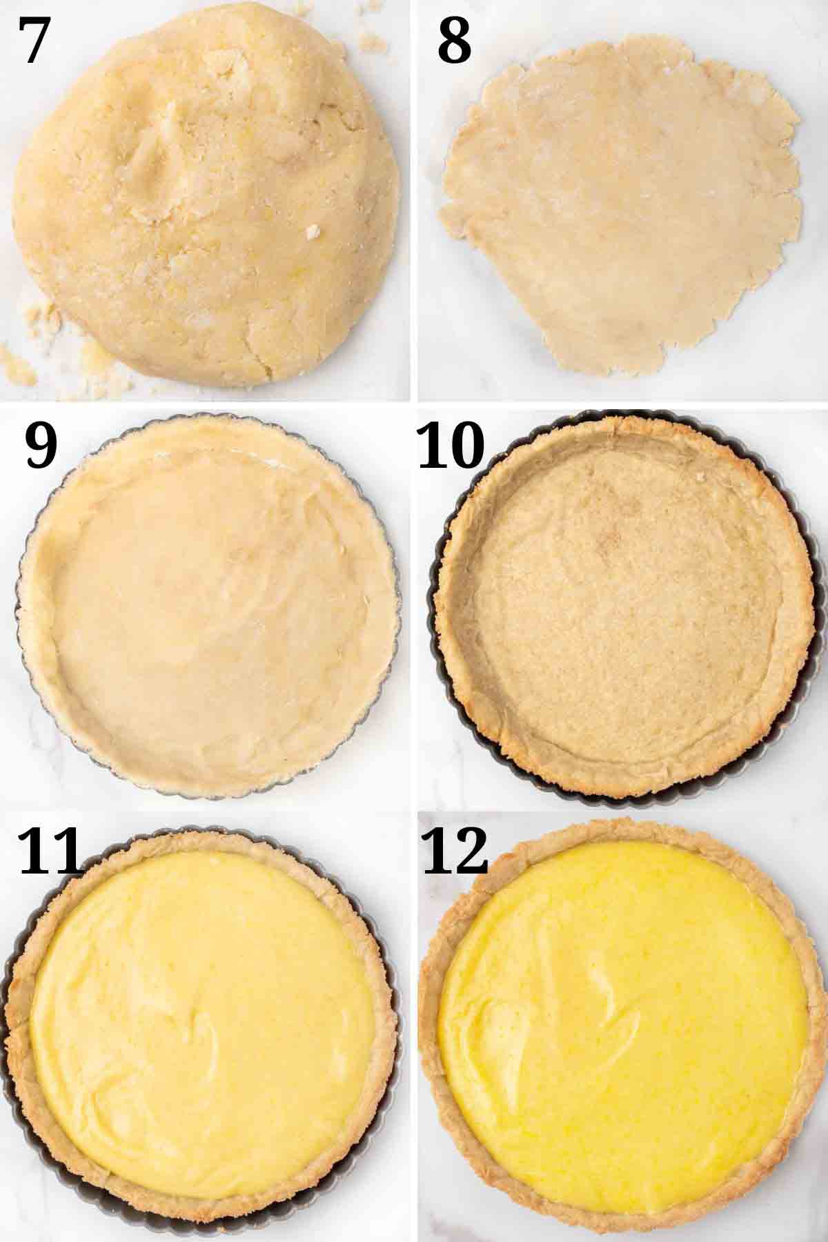 collage showing how to finish tart crust and bake filled tart.