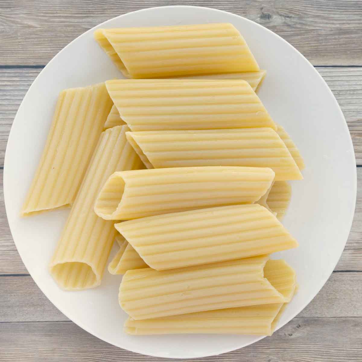 cooked pasta tubes on a white plate.