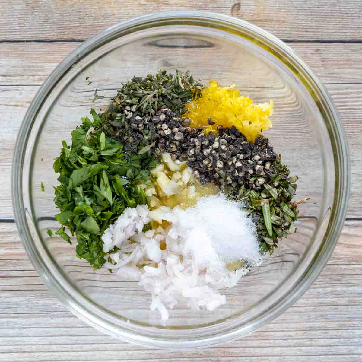 seasonings for recipe in a glass bowl.