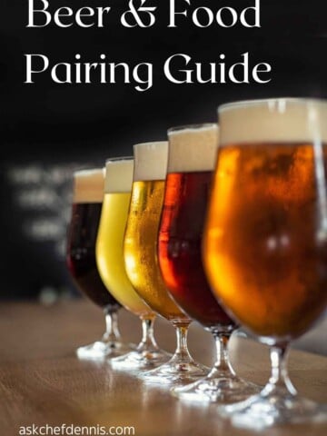Graphic showing glasses of beer in a row for beer and food pairing guide.