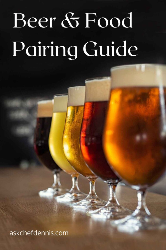 Graphic showing glasses of beer in a row for beer and food pairing guide.