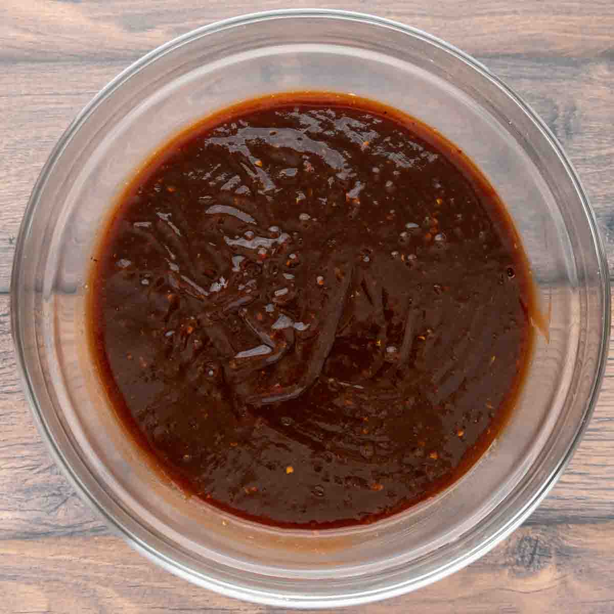 semi-homemade barbecue sauce in a glass bowl.