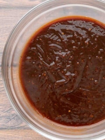 semi-homemade barbecue sauce in a glass bowl.