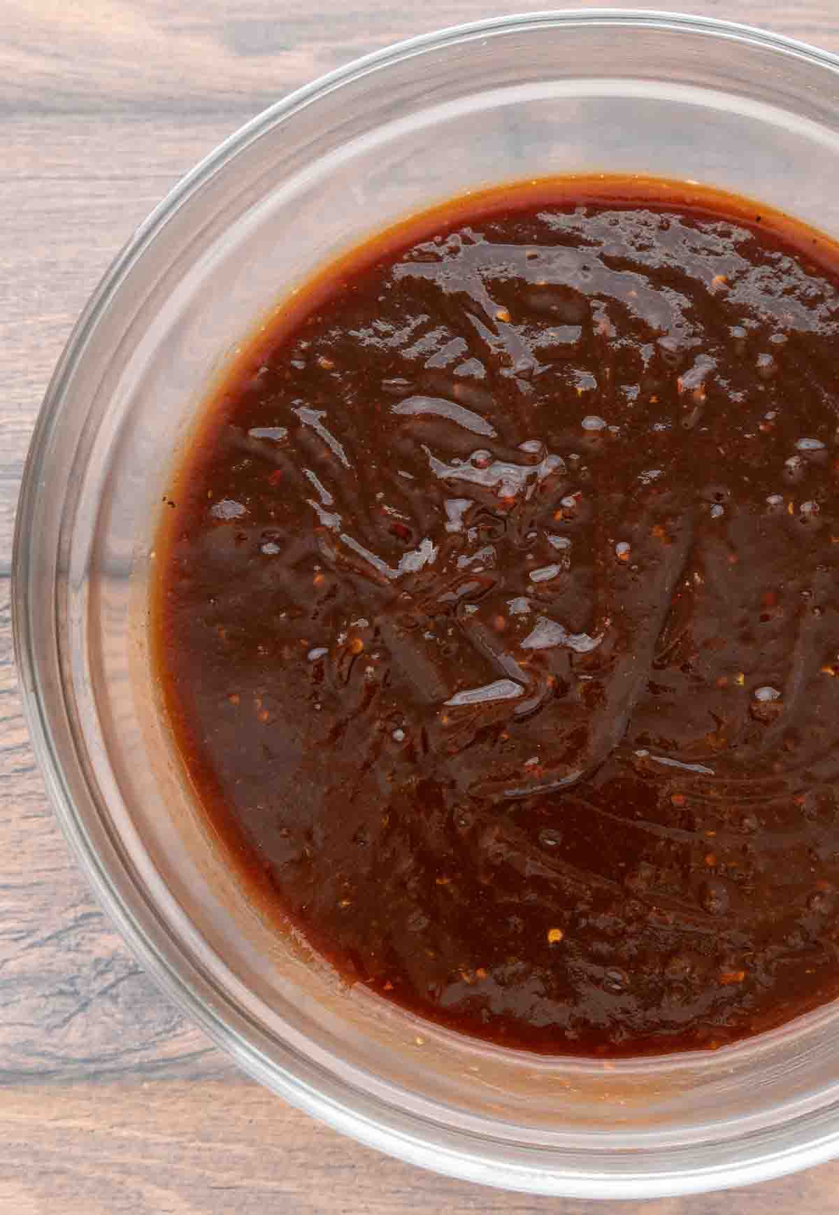 semi-homemade barbecue sauce in a glass bowl.