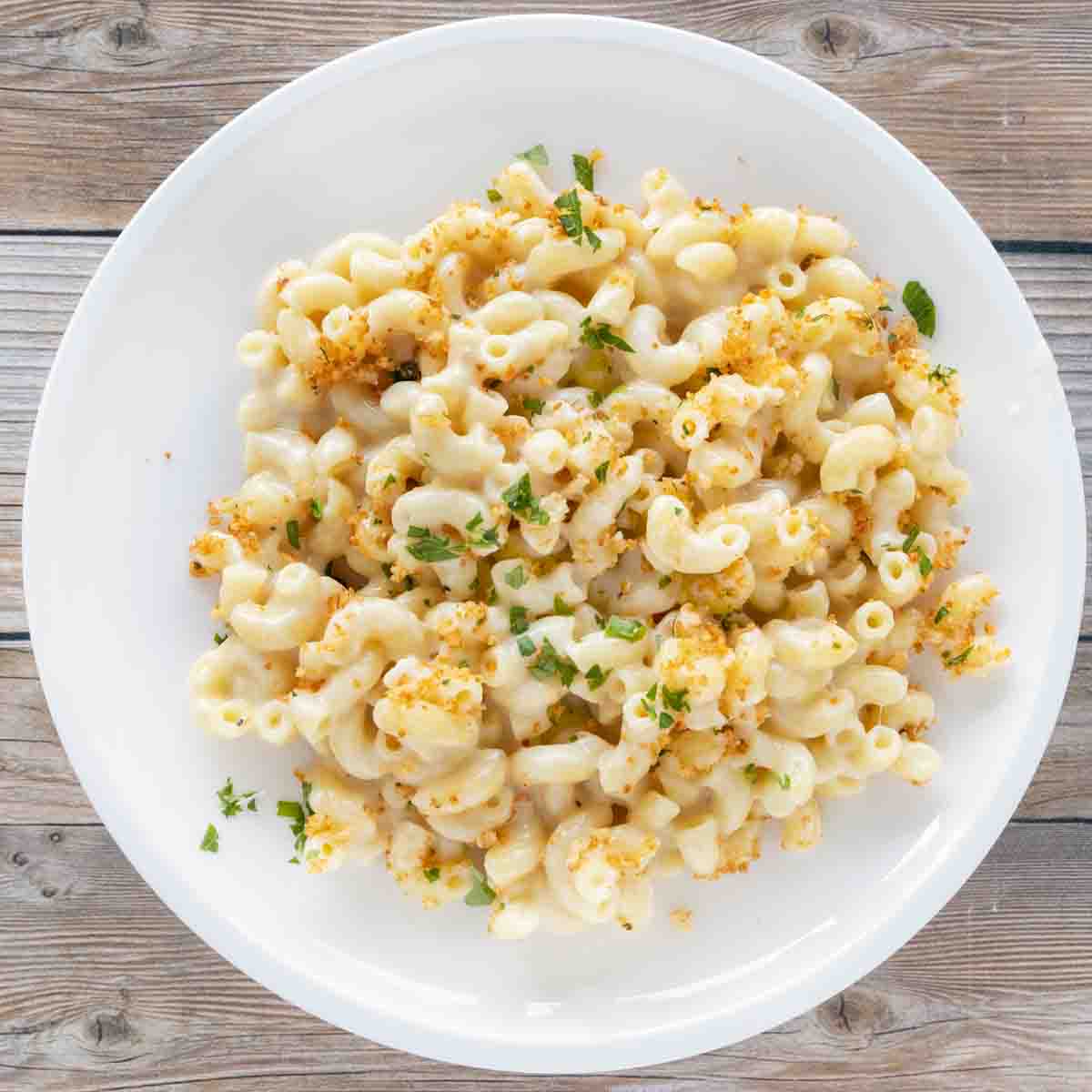 gouda mac and cheese on a white plate.