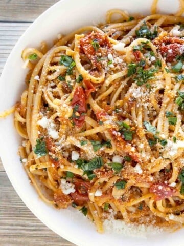 Pasta Napoletana in a white bowl.