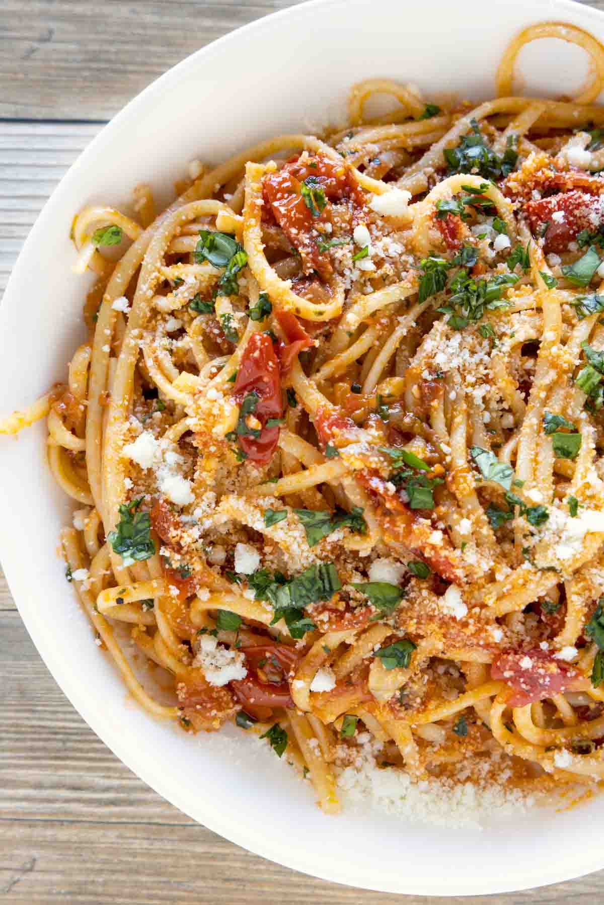 Pasta Napoletana in a white bowl.