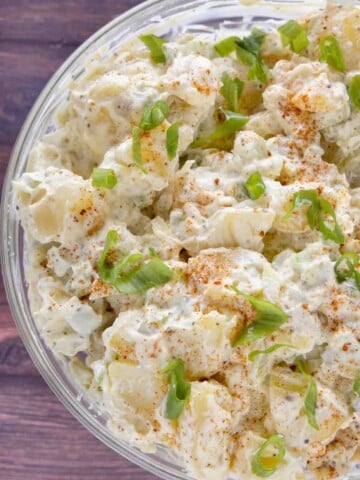 potato salad in a large glass bowl.