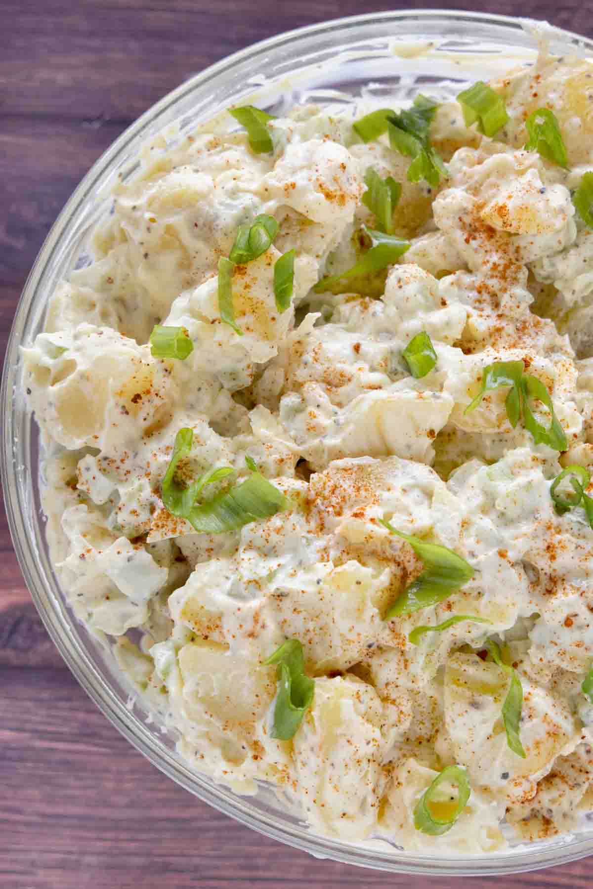 potato salad in a large glass bowl.