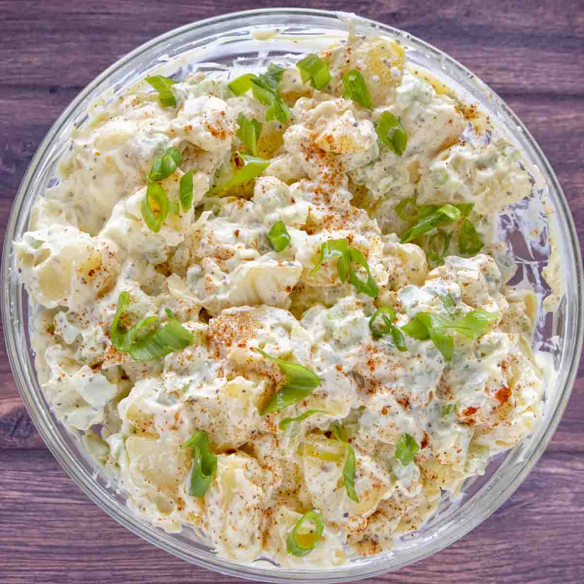 potato salad in a large glass bowl.