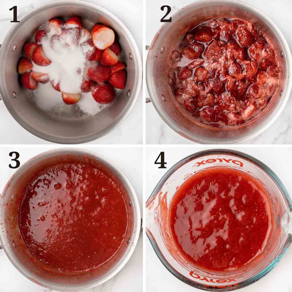 collage showing how to make strawberry coulis.