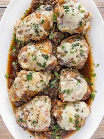 French Onion Chicken on a white platter.