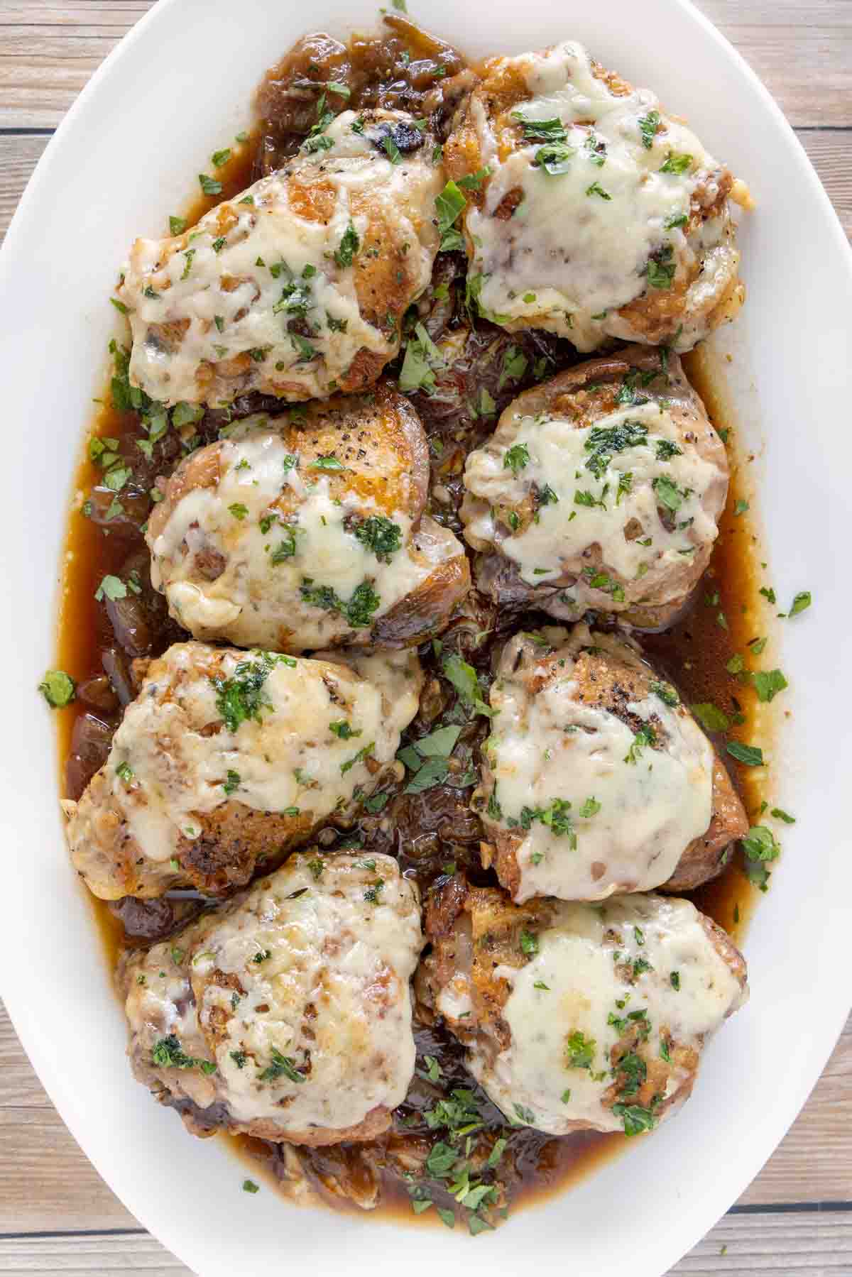 French Onion Chicken on a white platter.