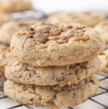 stack of heath bar cookies on a wire rack