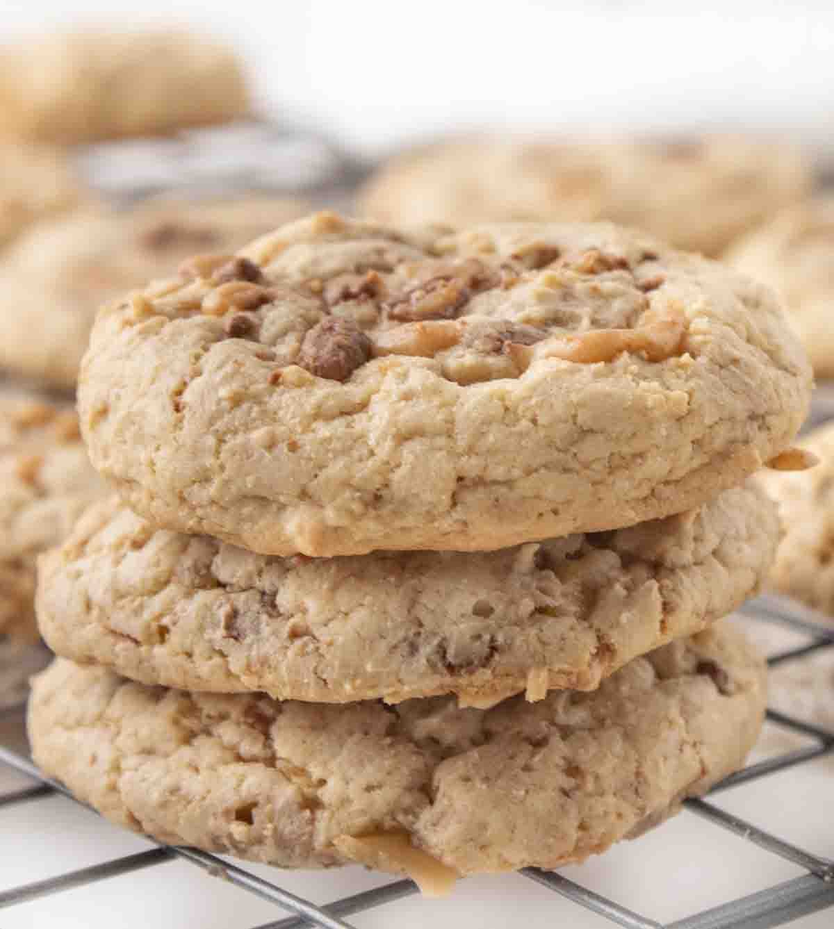 stack of heath bar cookies on a wire rack