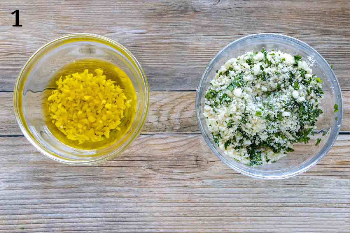 Bowl garlic oil and one of seasoned bread crumbs.