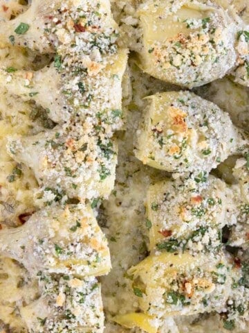 Baked seasoned artichoke hearts.