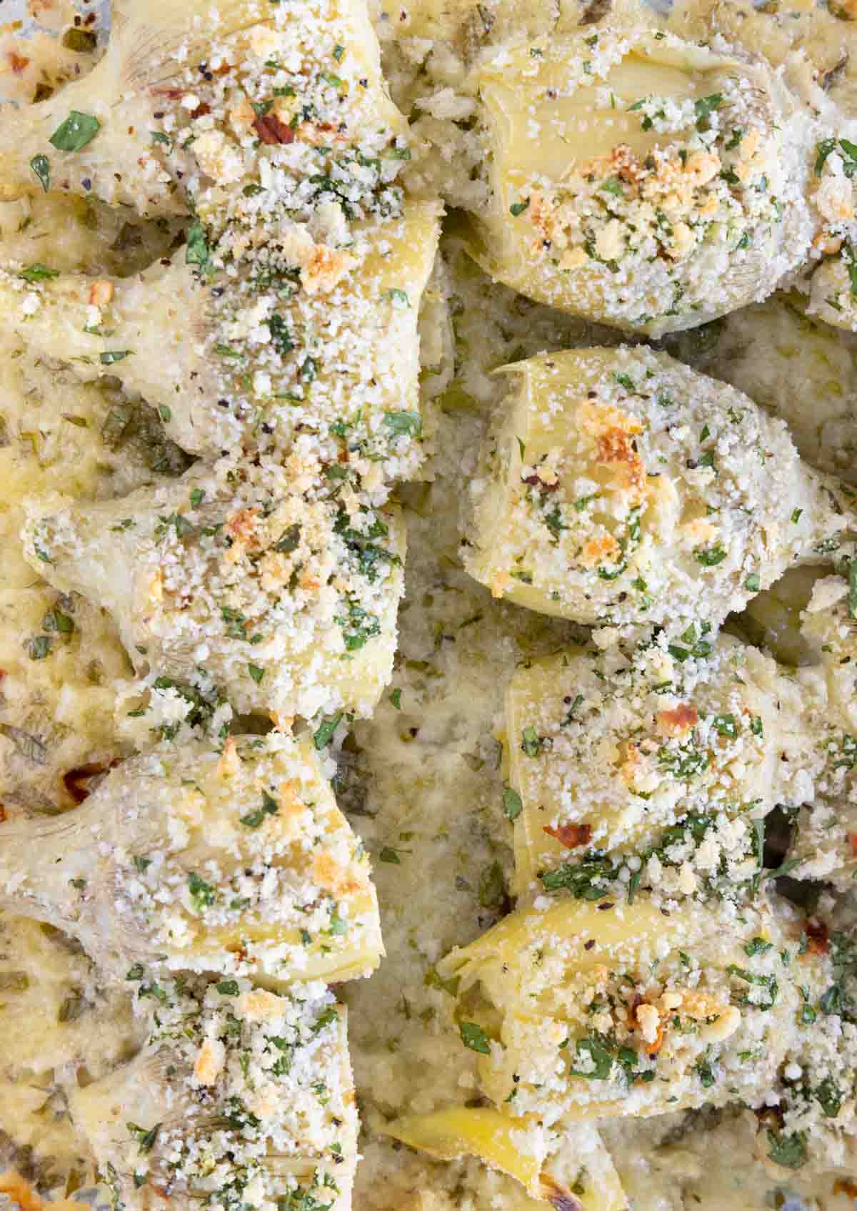 Baked seasoned artichoke hearts.