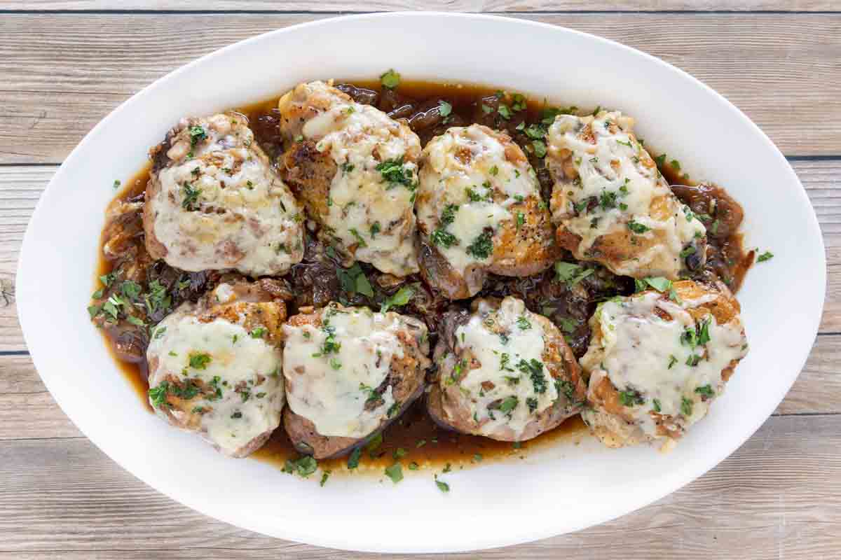 French Onion Chicken on a white platter.