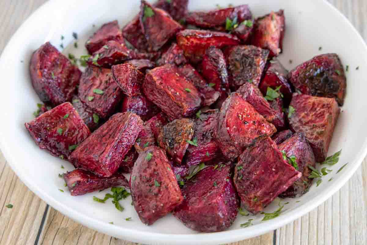 oven roasted beets in a white bowl.