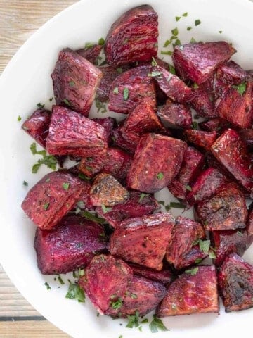 oven roasted beets in a white bowl.