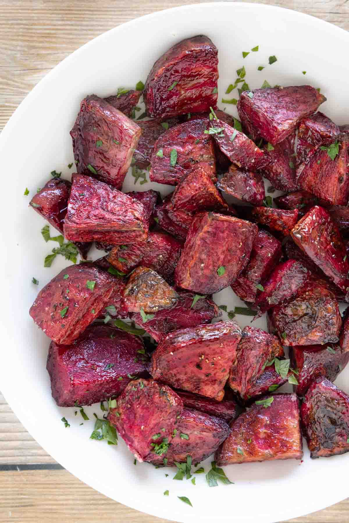 oven roasted beets in a white bowl.