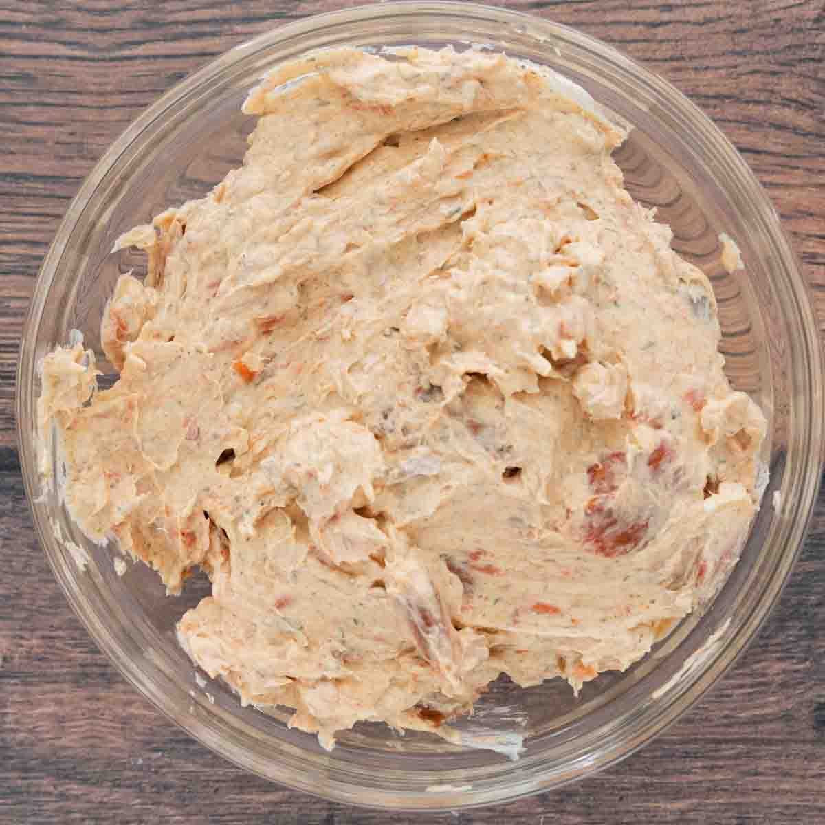 smoked salmon dip in a glass bowl.