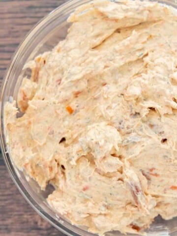 smoked salmon dip in a glass bowl.