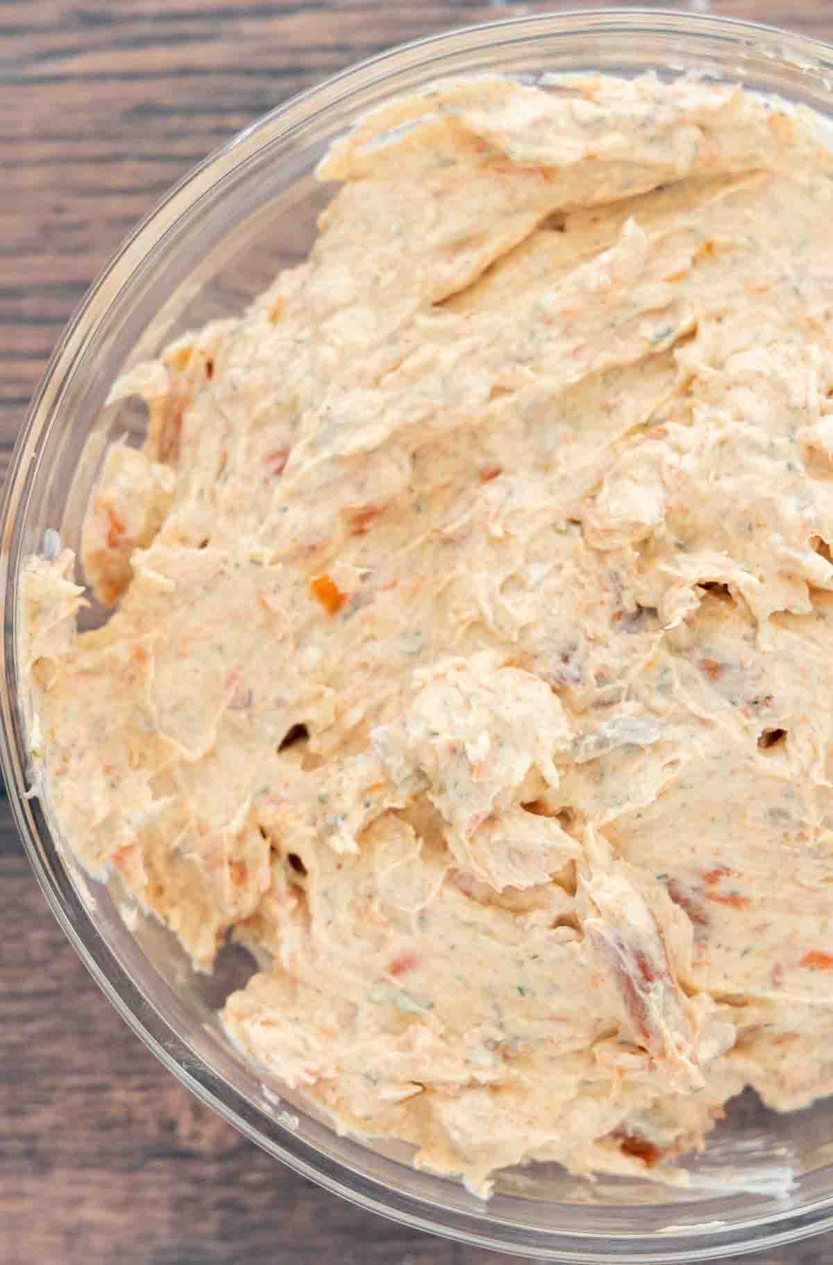 smoked salmon dip in a glass bowl.