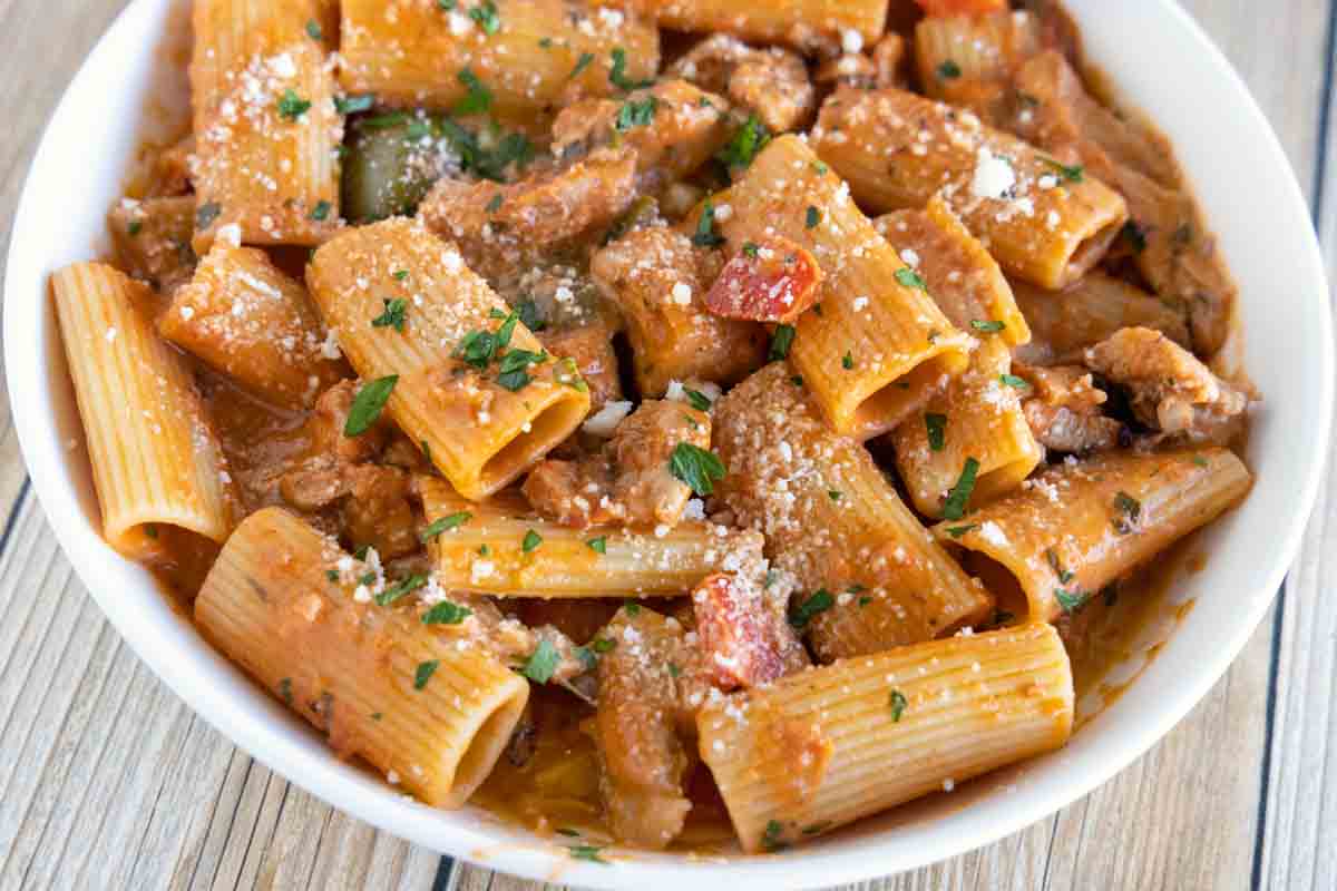 Chicken Riggies in a white bowl.