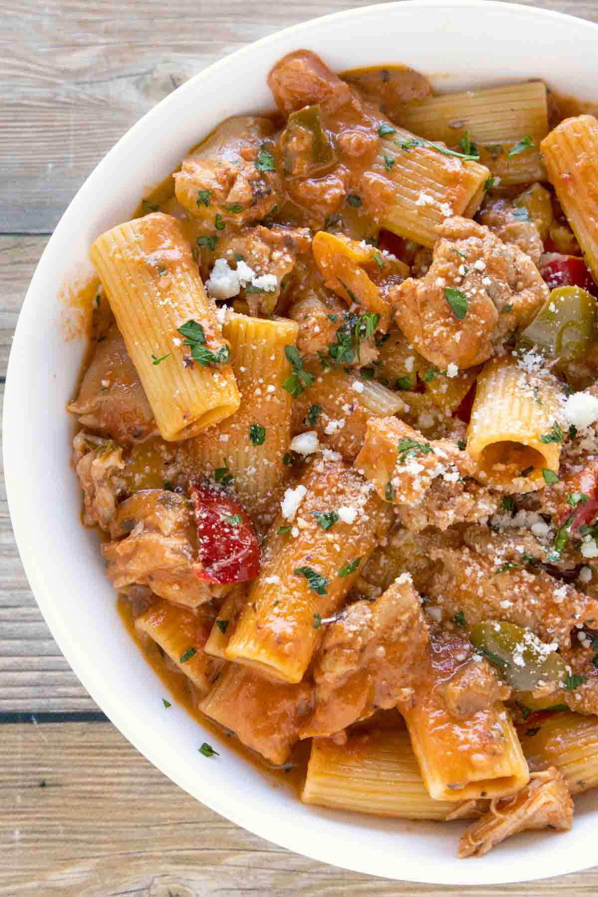 Chicken Riggies in a white bowl.