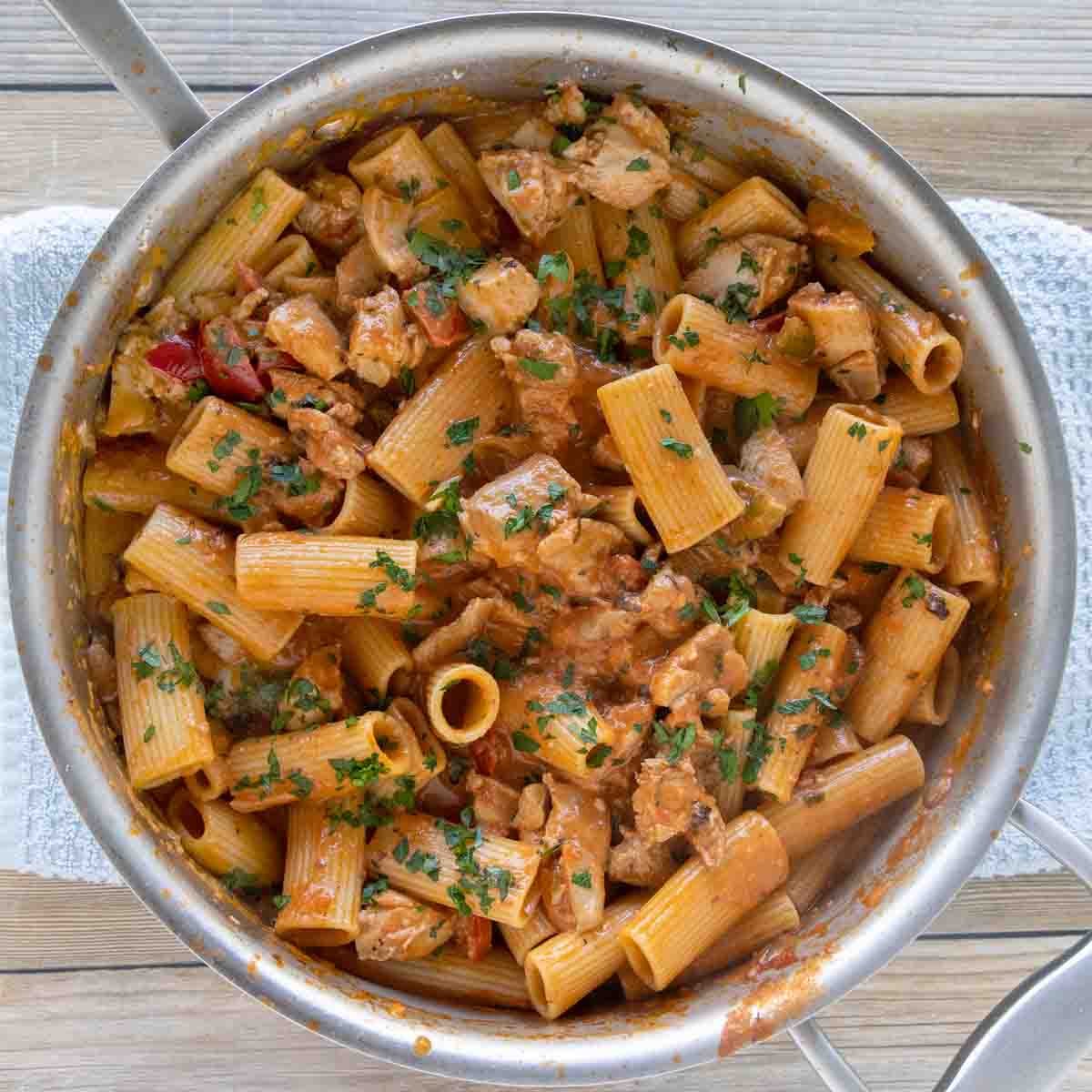 Chicken Riggies in a deep skillet.