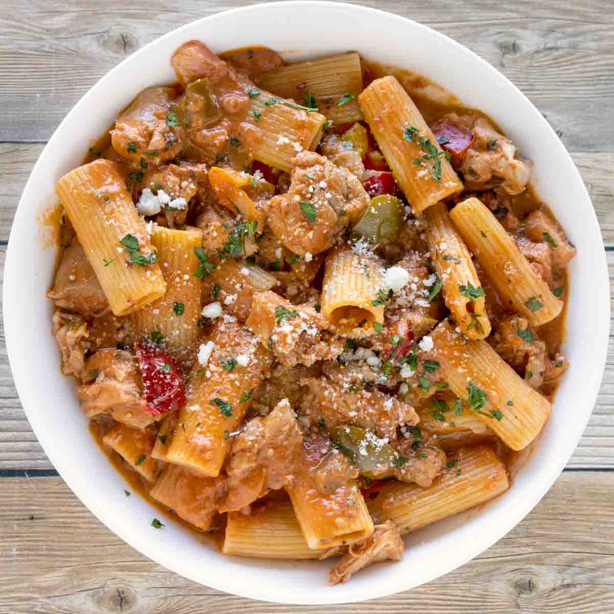 Chicken Riggies in a white bowl.