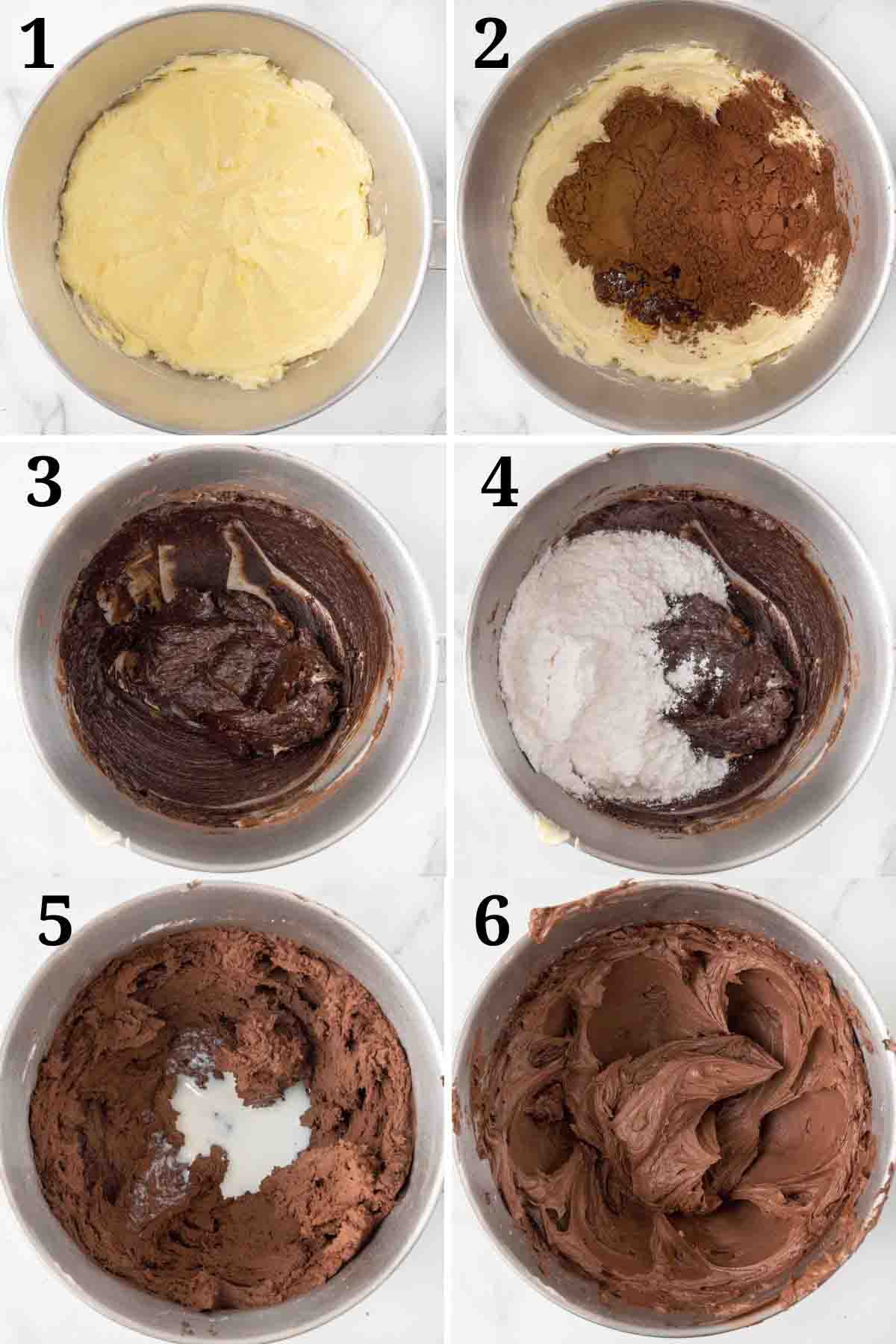 Collage showing how to make chocolate buttercream frosting.