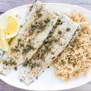 Pan fried rainbow trout with a lemon caper sauce and rice on a white plate.