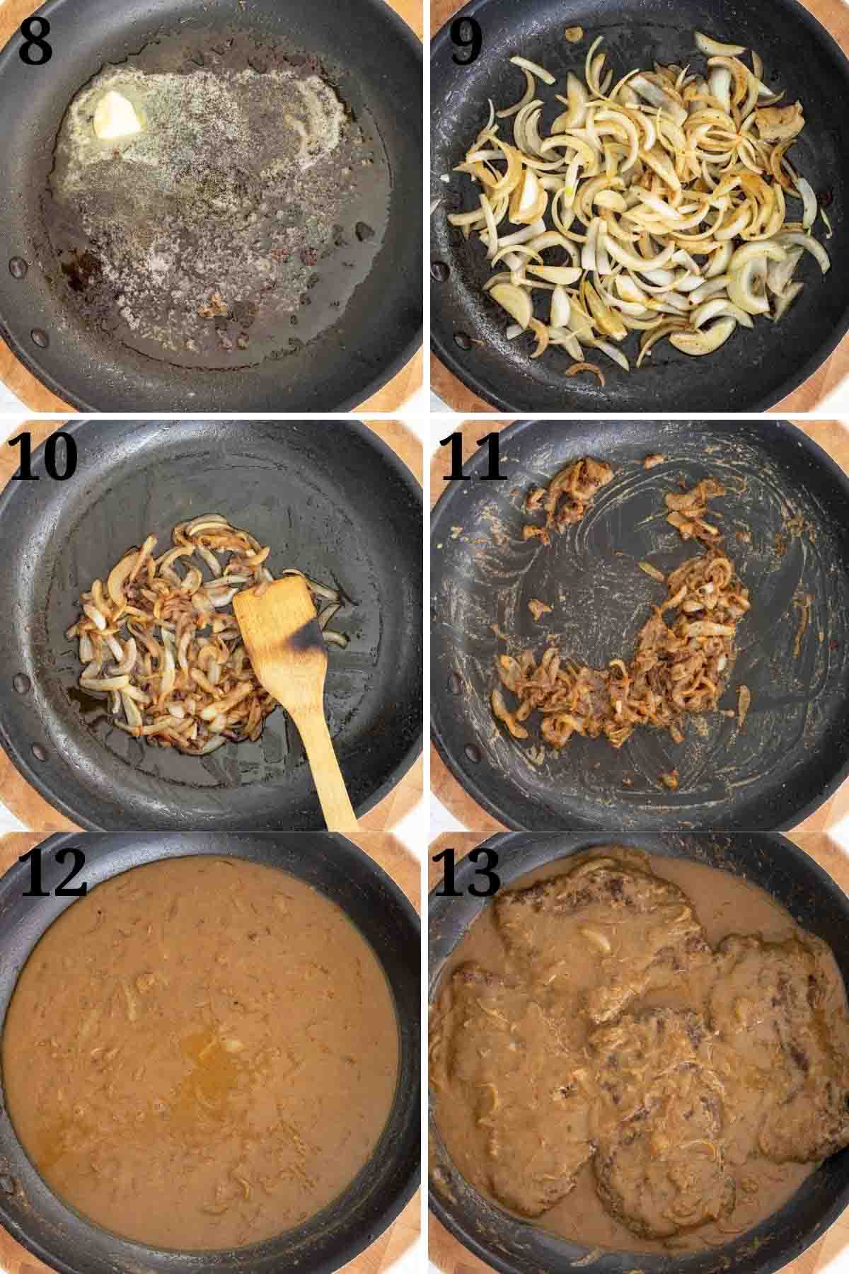 collage showing how to make onion gravy and finish recipe.