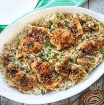 Chicken and Rice in a white serving platter.