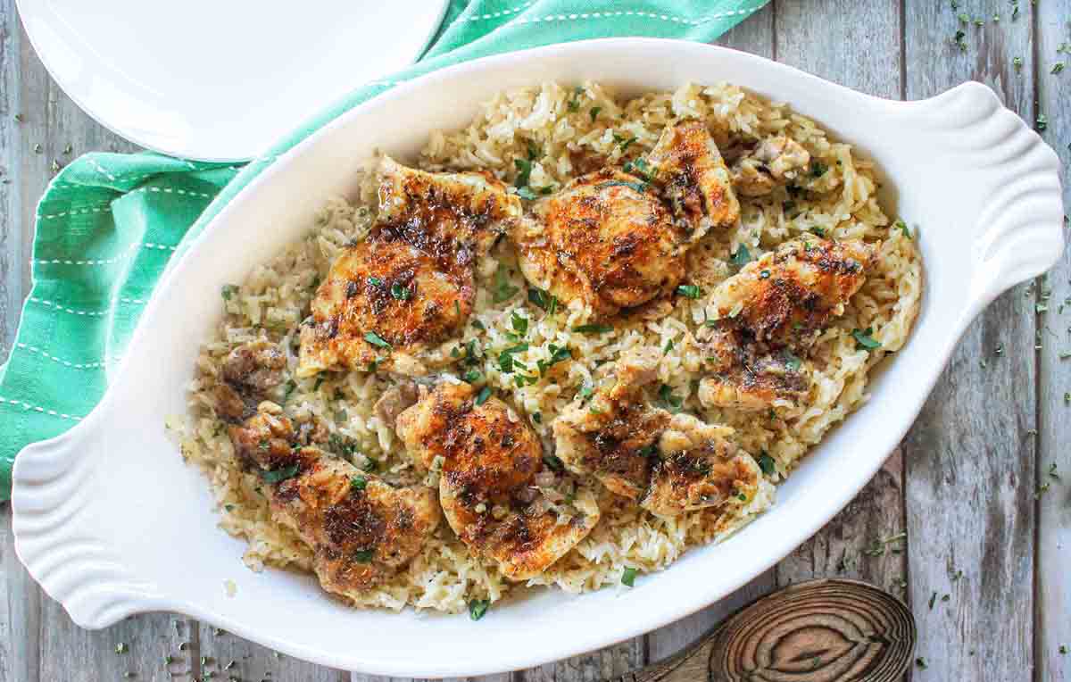Chicken and Rice in a white serving platter.