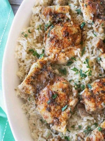 Chicken and Rice in a white serving platter.