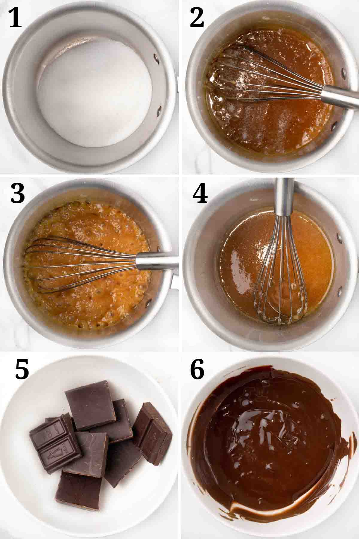 collage showing hot to make chocolate and caramel sauce.