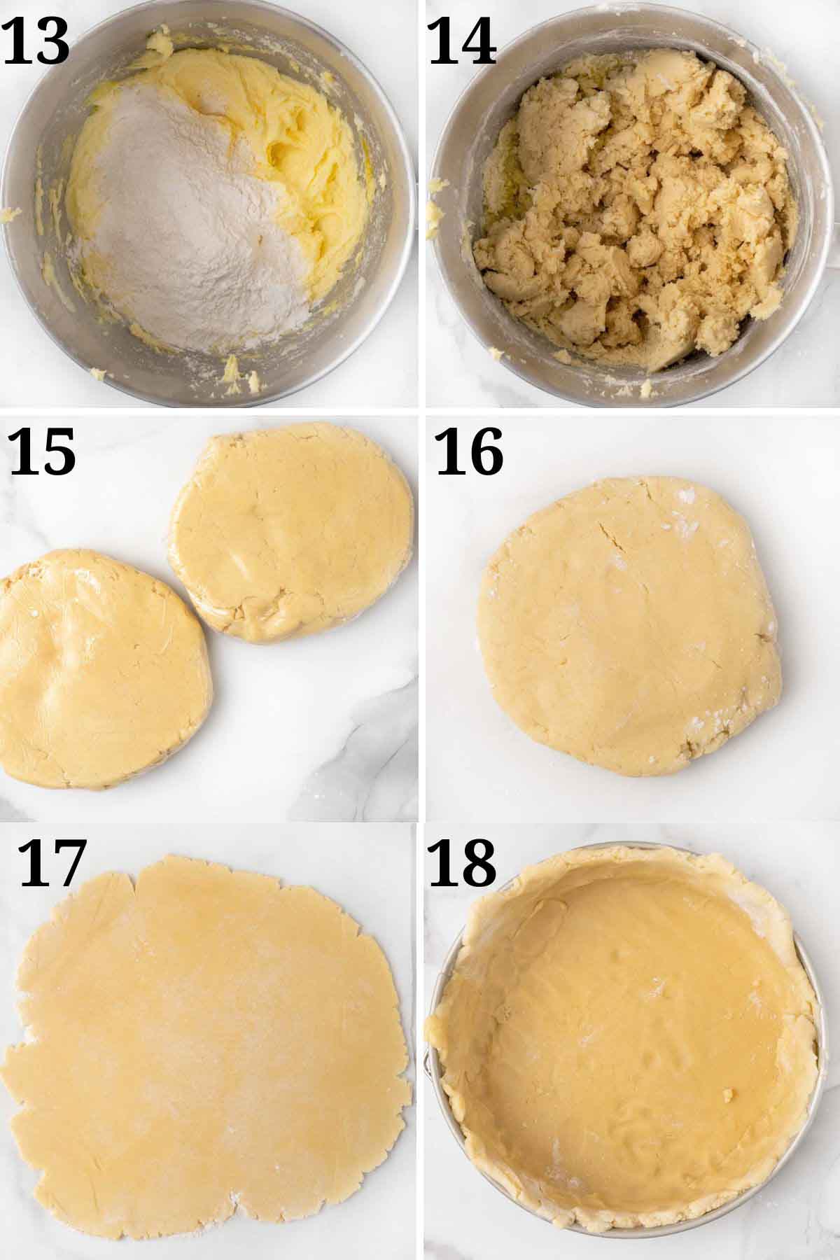 Collage showing how to finish making dough and setting it up in the pan.