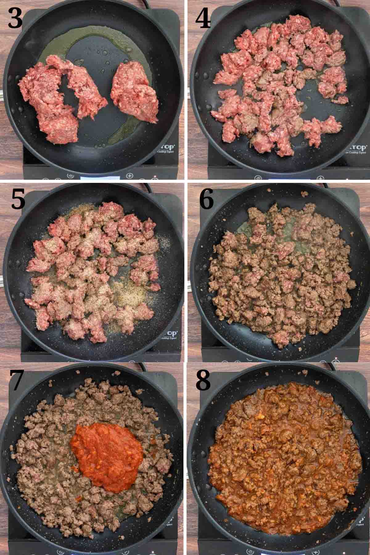 Collage showing how to prep ground beef.