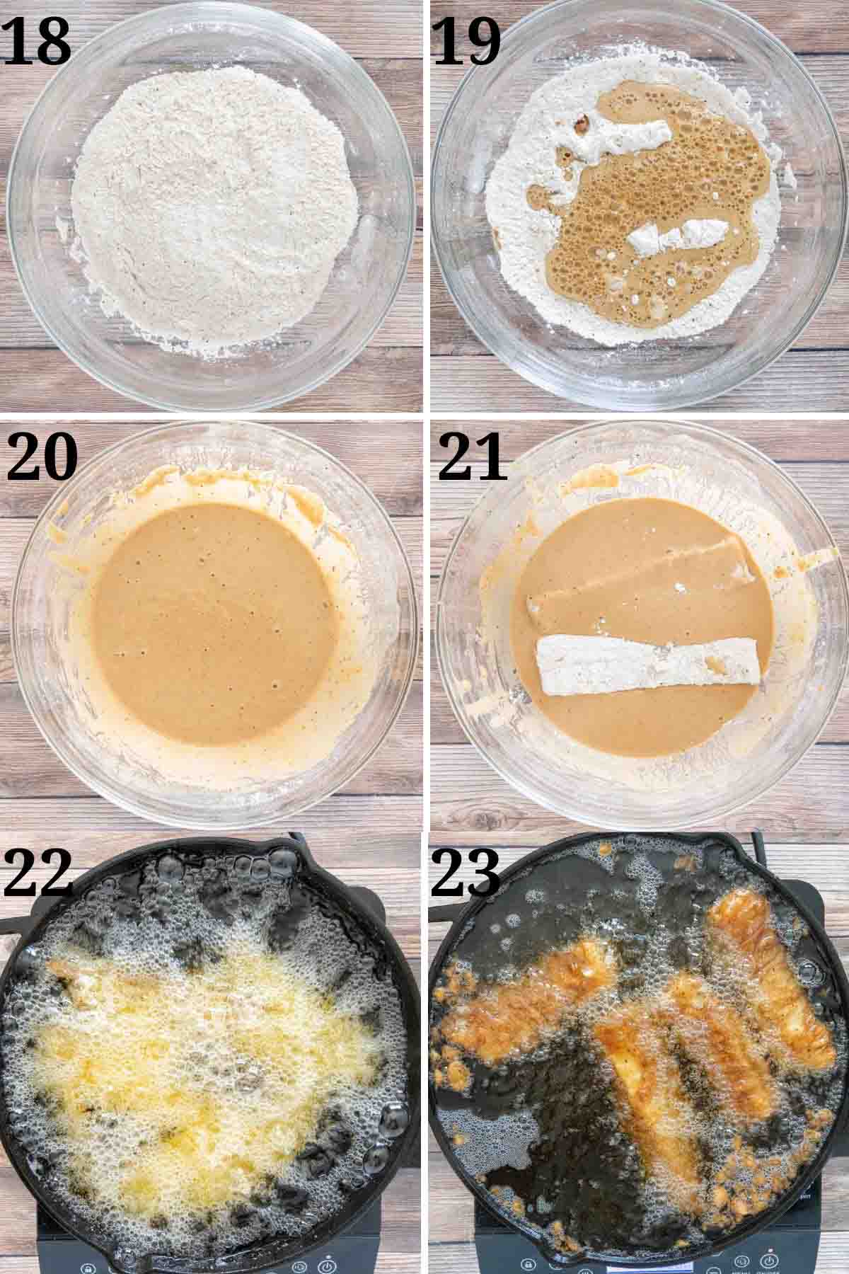 Collage showing how to make beer batter and fry cod.