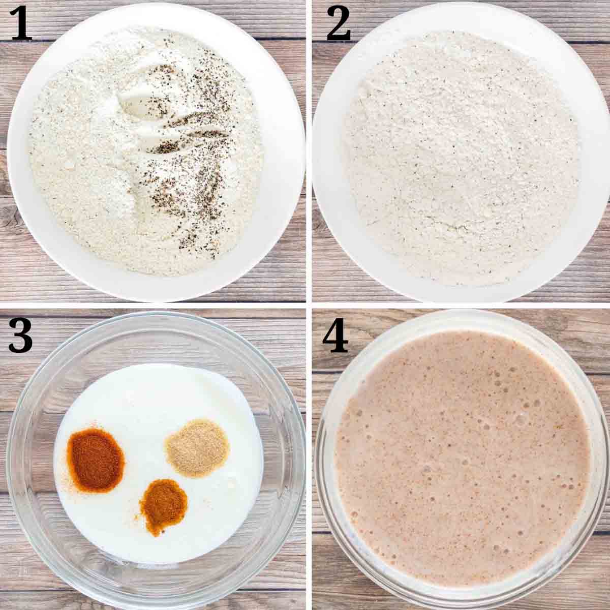 collage showing how to prepare marinade and flour.
