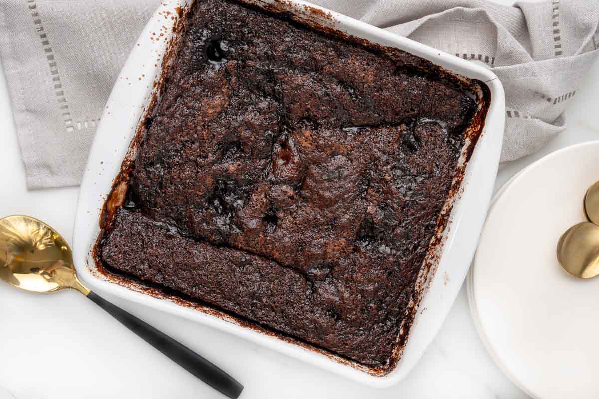 Chocolate pudding cake in the baking dish.