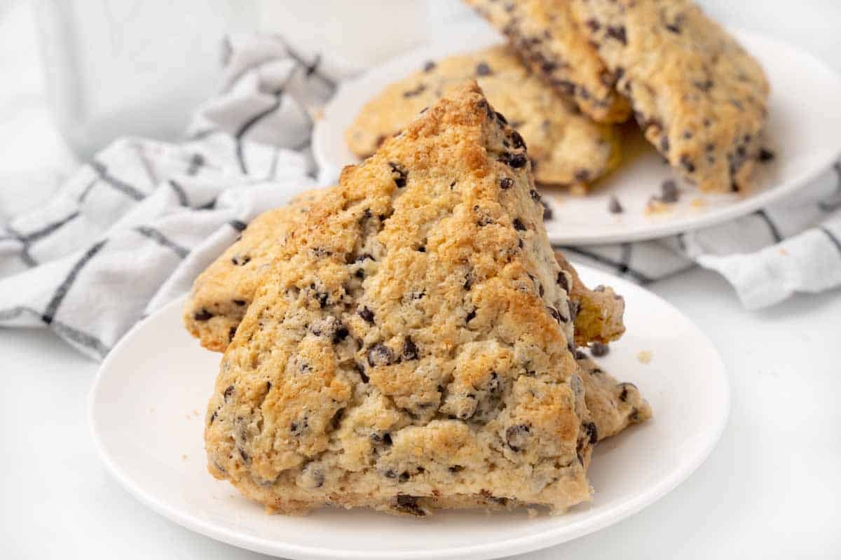 Chocolate chip scones on a white plate.