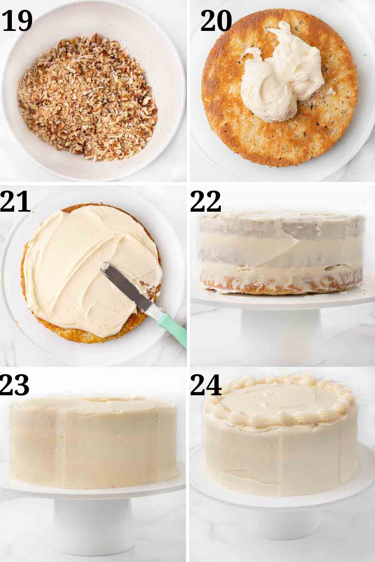 Collage showing how to assemble the Italian Cream Cake.