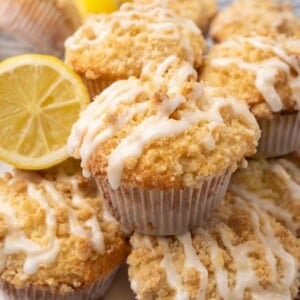 Lemon streusel muffins with half a lemon.