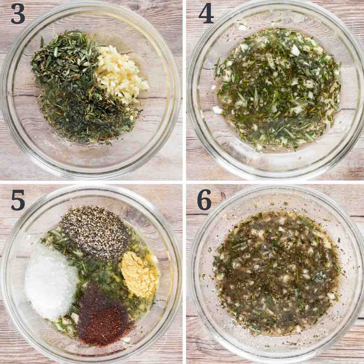 Collage showing how to prepare seasonings for recipe.