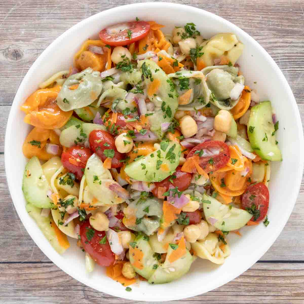 Tortellini Pasta Salad in a white bowl.